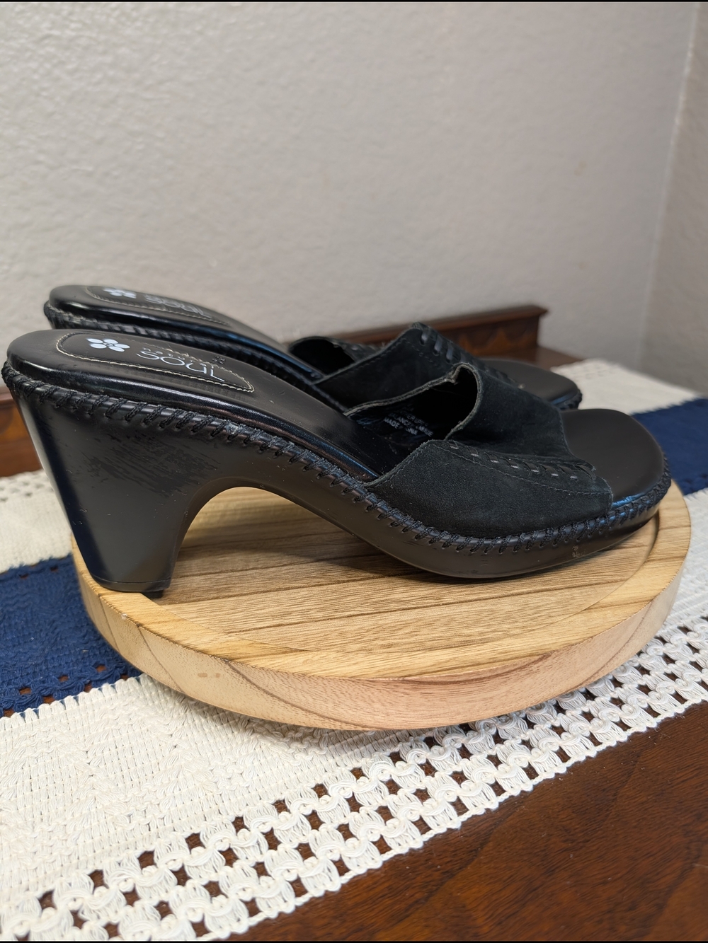 Natural Soul Black Suede Slide Mules With Stitched Accents